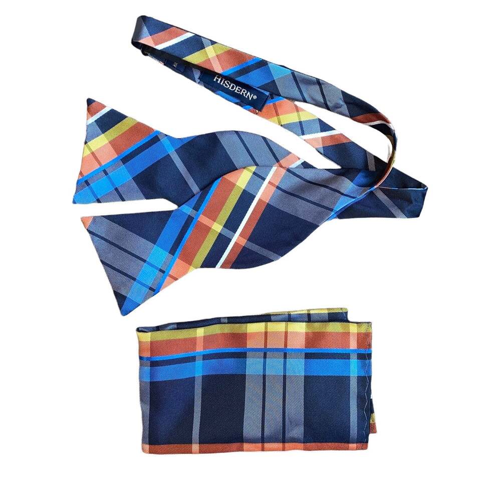 Hisdern Multi-Colored Plaid Silk Bow Tie and pocket square